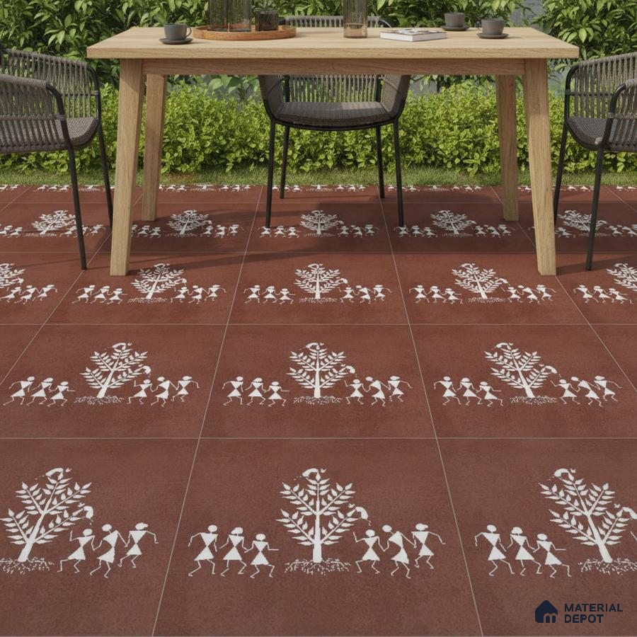 Traditional outdoor space with terracotta Warli art patterned floor tiles