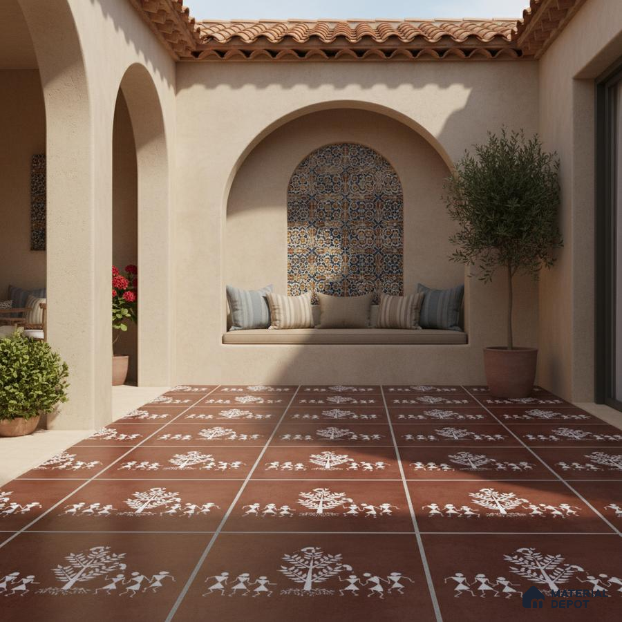 Mediterranean outdoor courtyard with terracotta Warli art floor tiles and patterned ceramic wall tiles