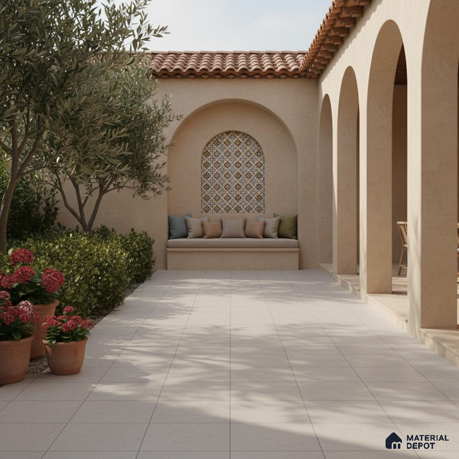Mediterranean outdoor patio with terracotta roof, patterned mosaic wall tile, and beige floor tiles