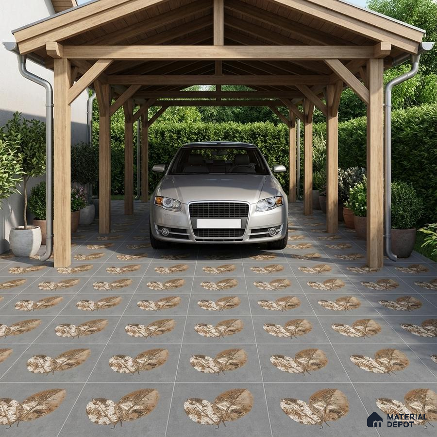 Modern parking with grey leaf-patterned floor tiles and wooden carport structure