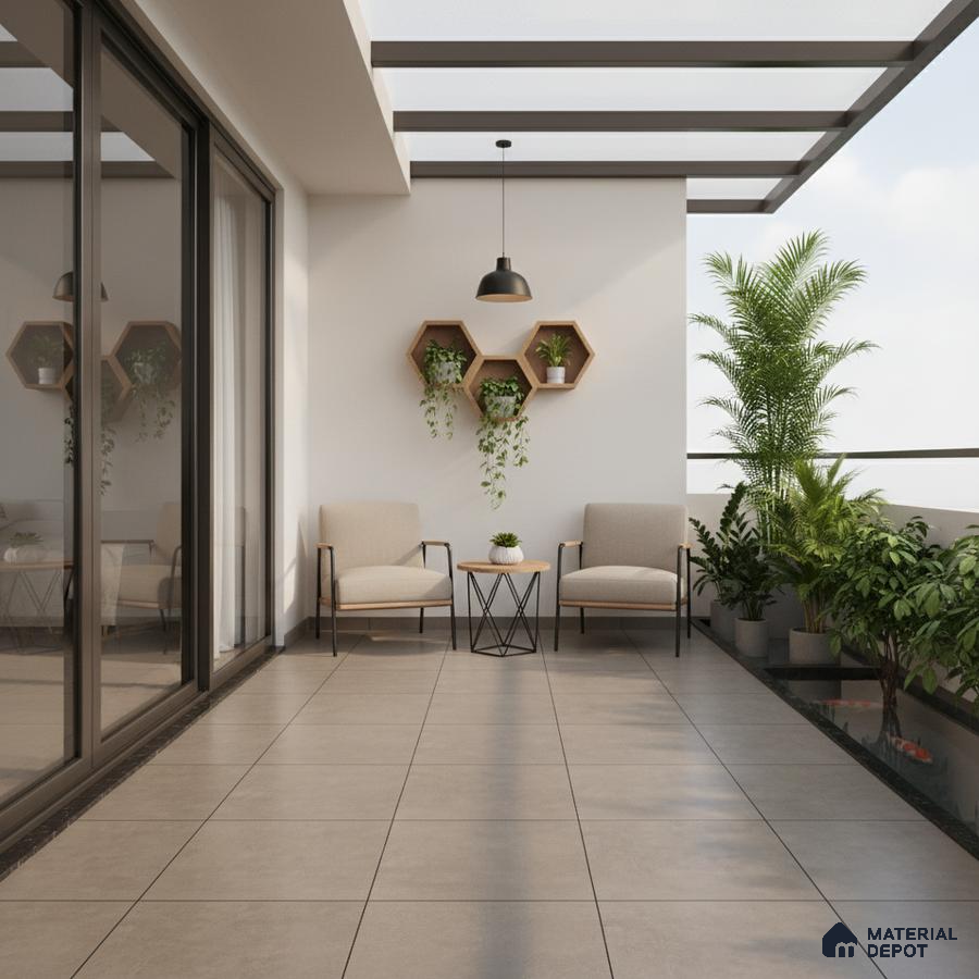 Minimalist balcony with beige matte floor tiles and wooden hexagonal wall planters