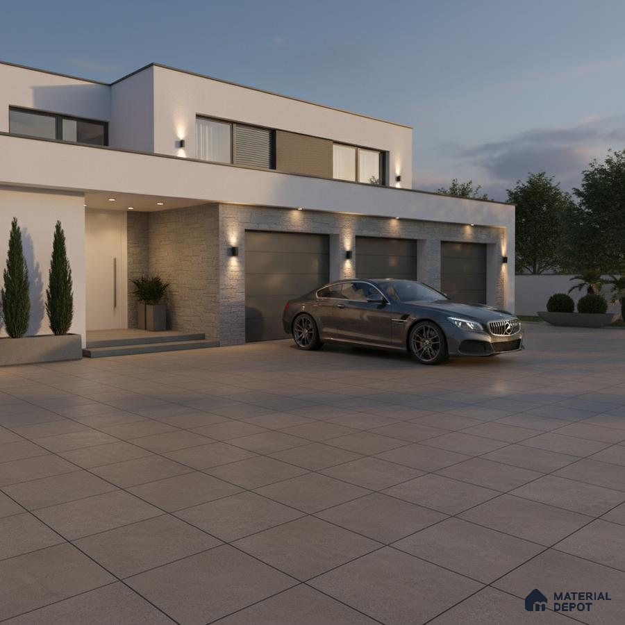Modern parking with large format beige outdoor tiles and stone cladding accent wall