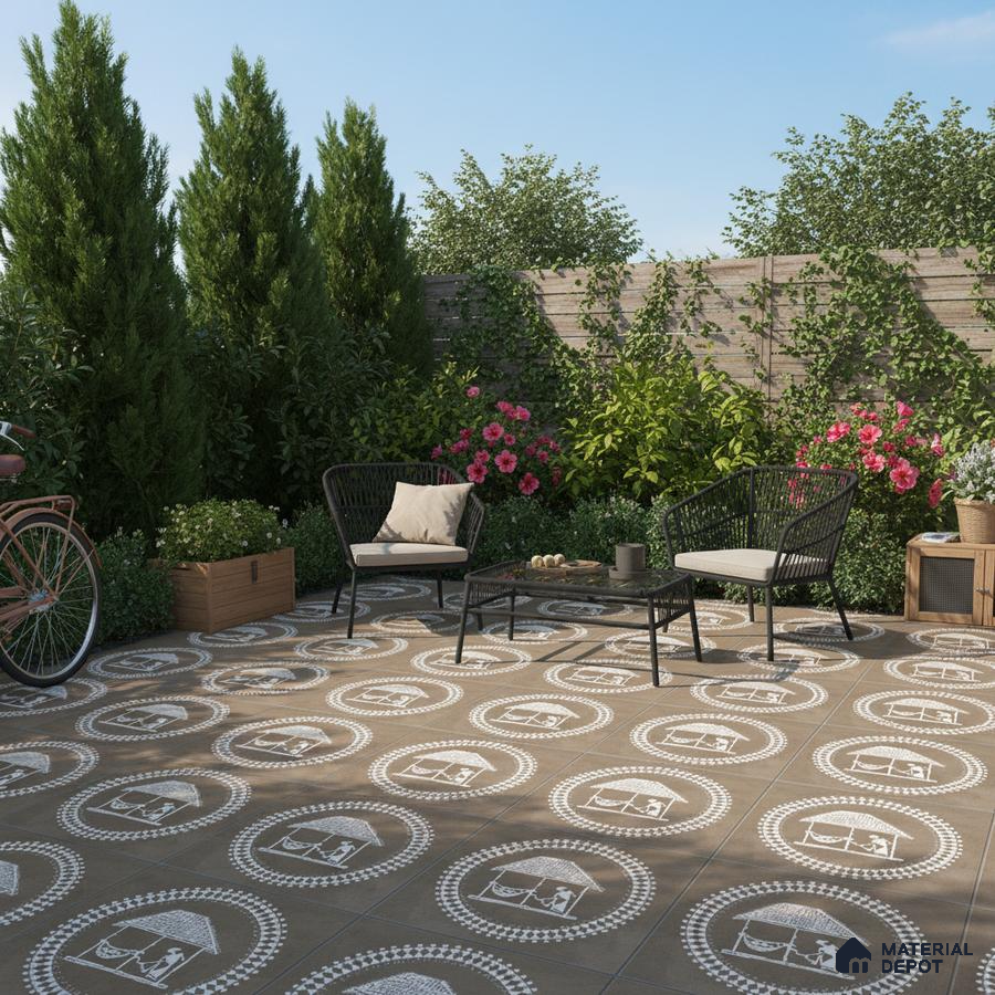 Modern outdoor patio with brown patterned floor tiles and black metal furniture