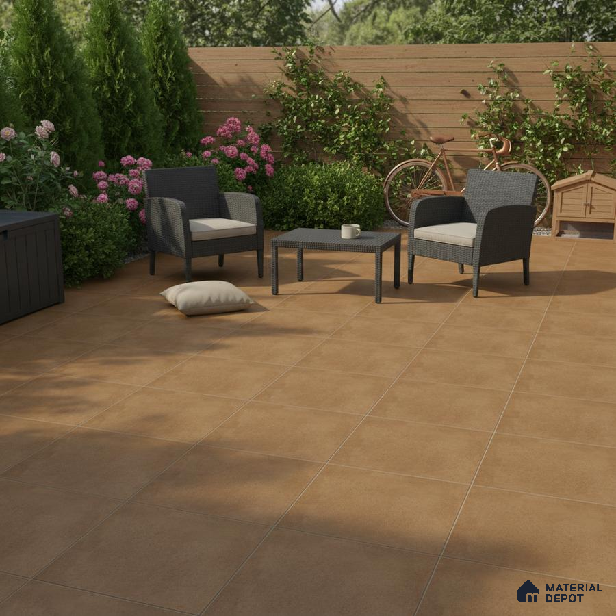 Modern outdoor patio with terracotta floor tiles and wooden privacy fence