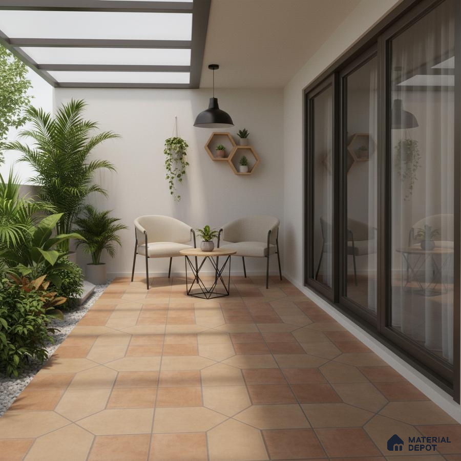 Modern balcony with terracotta geometric floor tiles and minimalist outdoor seating