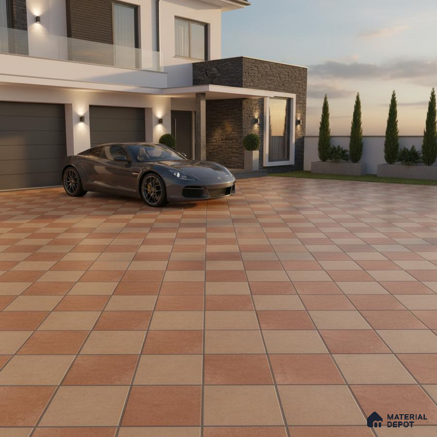 Modern parking with terracotta and beige checkerboard outdoor floor tiles