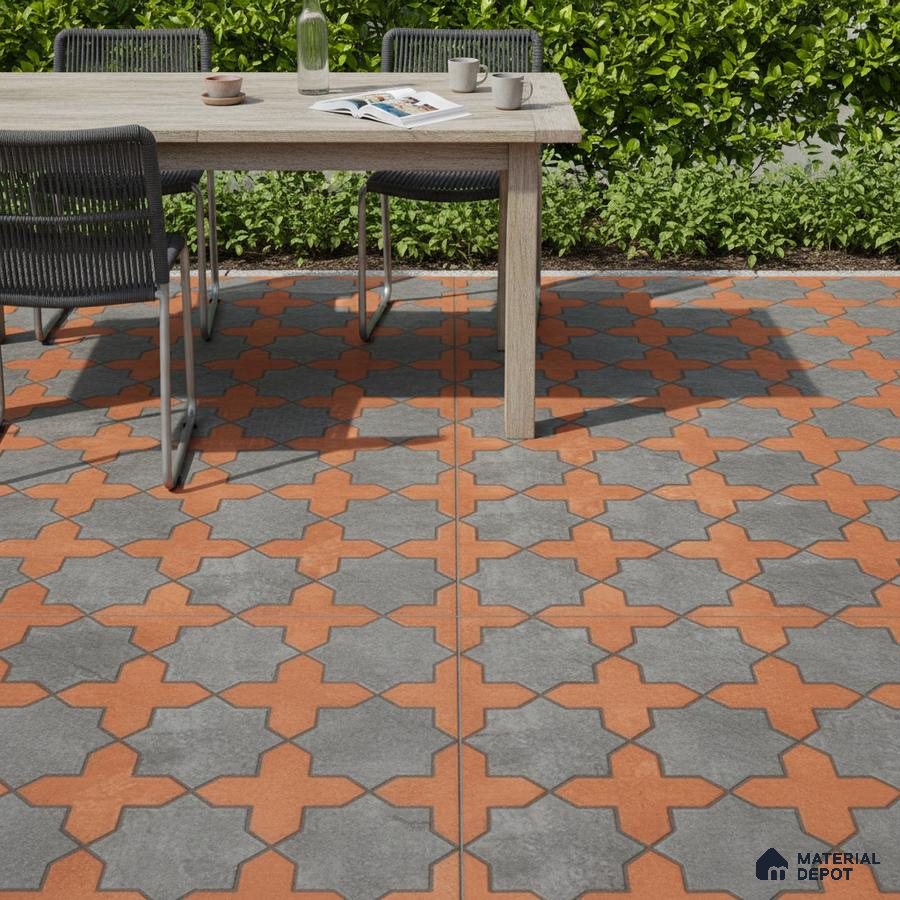 Mediterranean outdoor space with terracotta and grey geometric patterned floor tiles