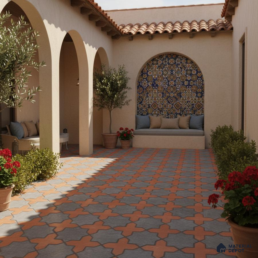 Mediterranean outdoor courtyard with terracotta and grey patterned floor tiles and blue moroccan accent wall tile