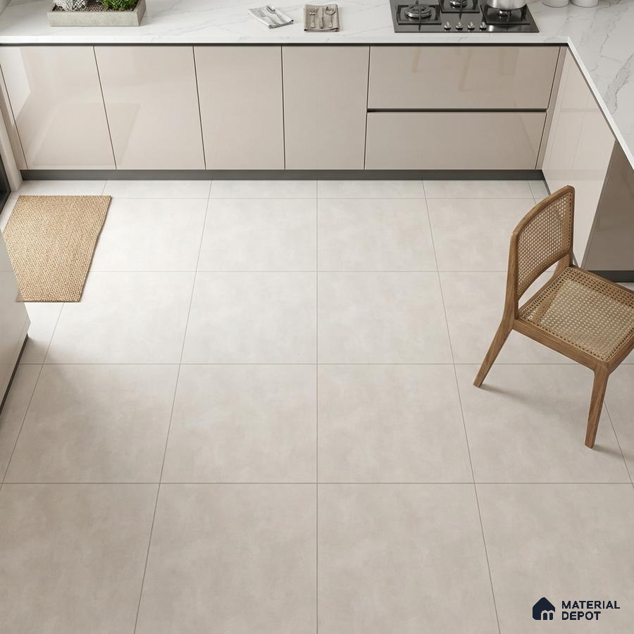Modern kitchen with glossy beige laminate cabinets, white marble-look quartz countertop, and large format light beige floor tiles