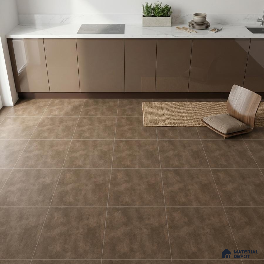 Minimalist kitchen with glossy taupe laminate cabinets, white marble countertop, and matte brown stone floor tiles