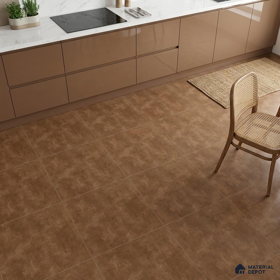 Modern kitchen with glossy taupe laminate cabinets, white marble countertop, and matte brown floor tiles