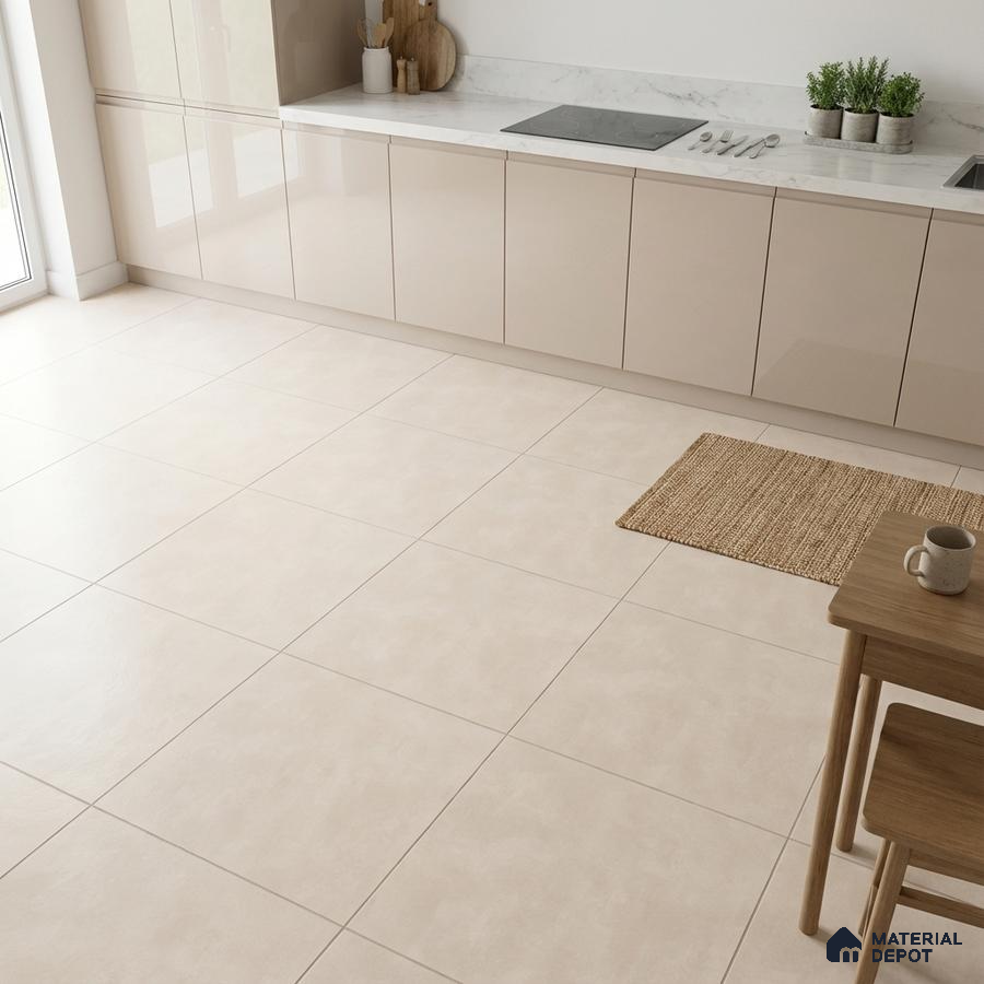 Modern kitchen with glossy beige laminate cabinets and white marble countertop