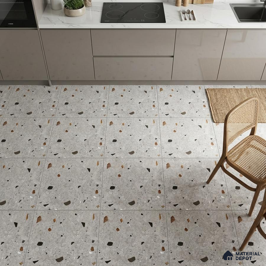 Modern kitchen with taupe laminate cabinets, white marble-look quartz countertop, and grey terrazzo floor tiles