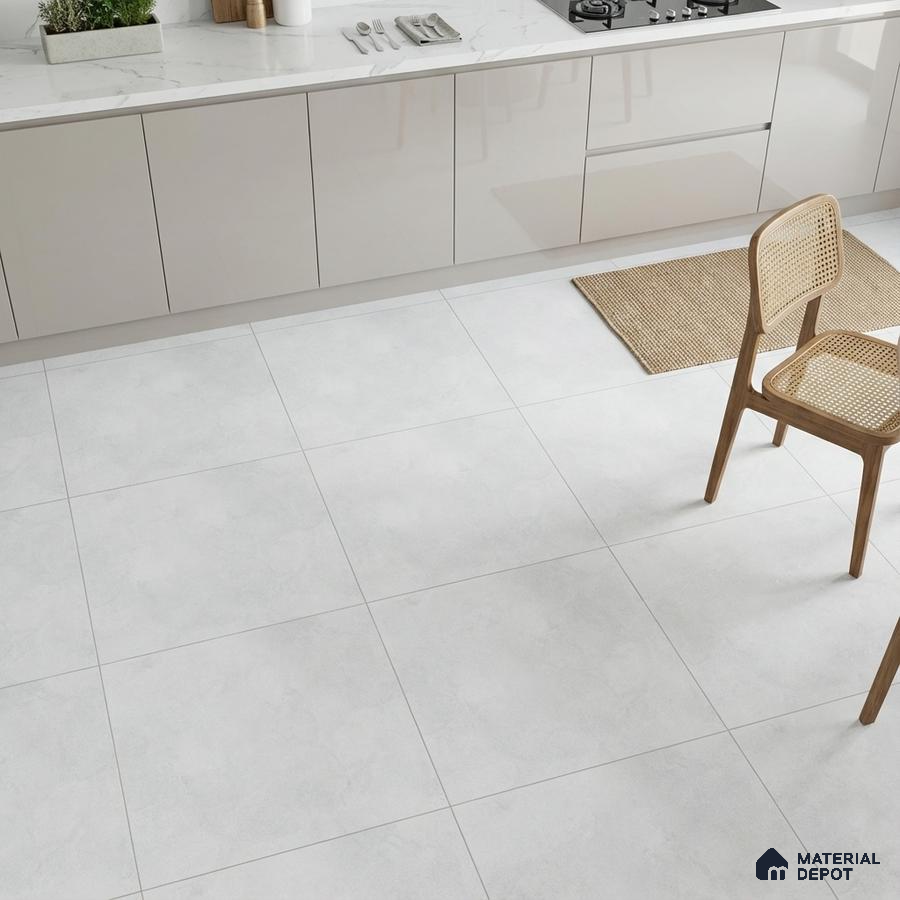 Minimalist kitchen with glossy beige laminate cabinets, white marble countertop, and matte white floor tiles