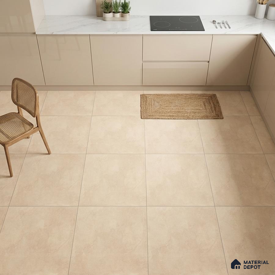 Minimalist kitchen with beige high gloss laminate cabinets and marble countertop with large beige floor tiles