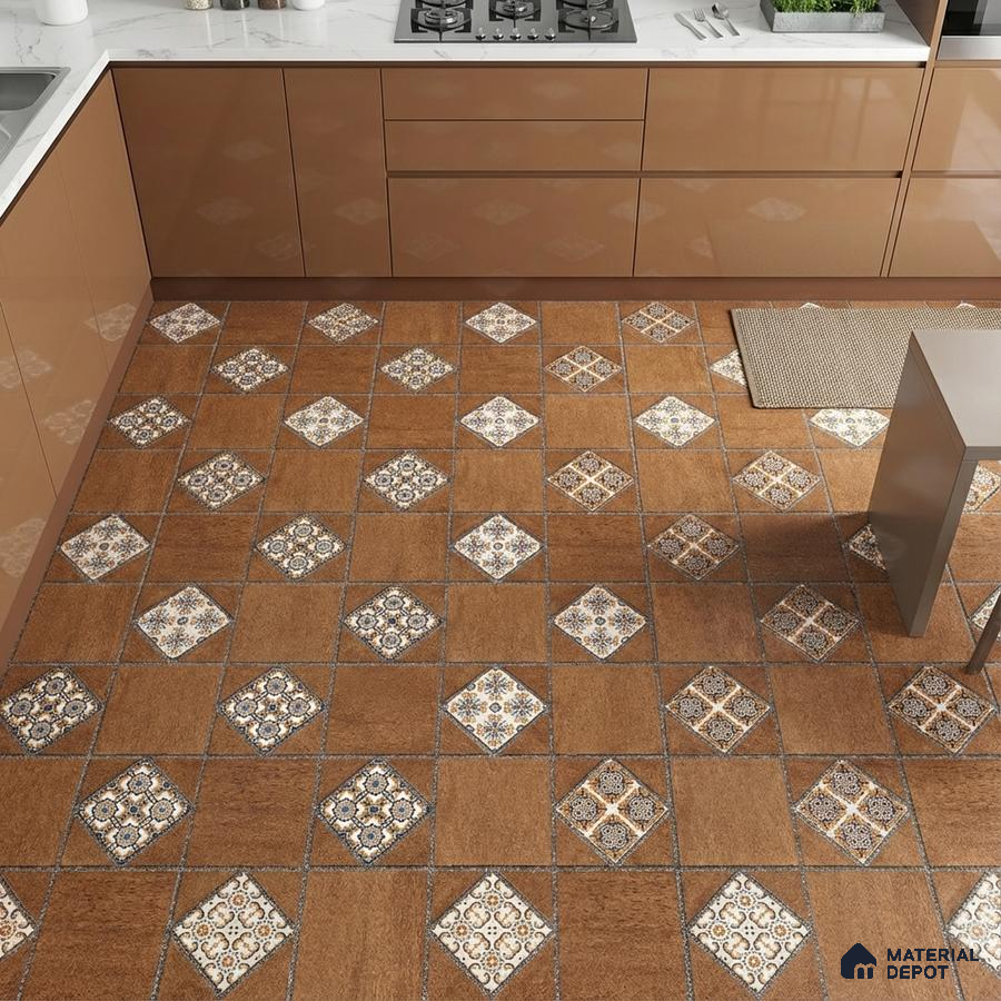 Modern kitchen with glossy brown laminate cabinets and patterned brown and white moroccan floor tiles