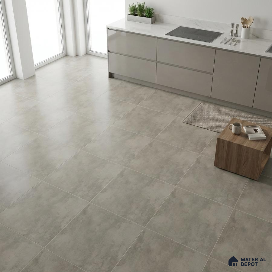 Minimalist kitchen with light grey matte floor tiles and glossy taupe laminate cabinets
