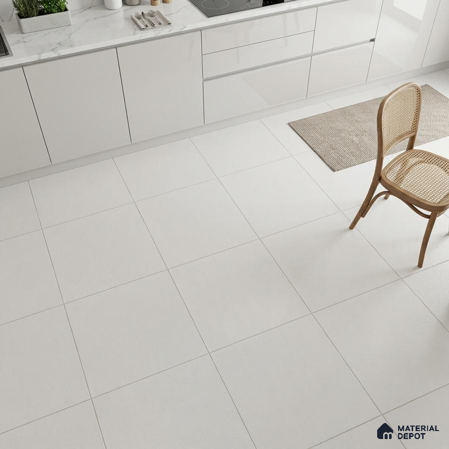 Minimalist kitchen with frosty white high gloss laminate cabinets, white marble countertop, and matte white floor tiles