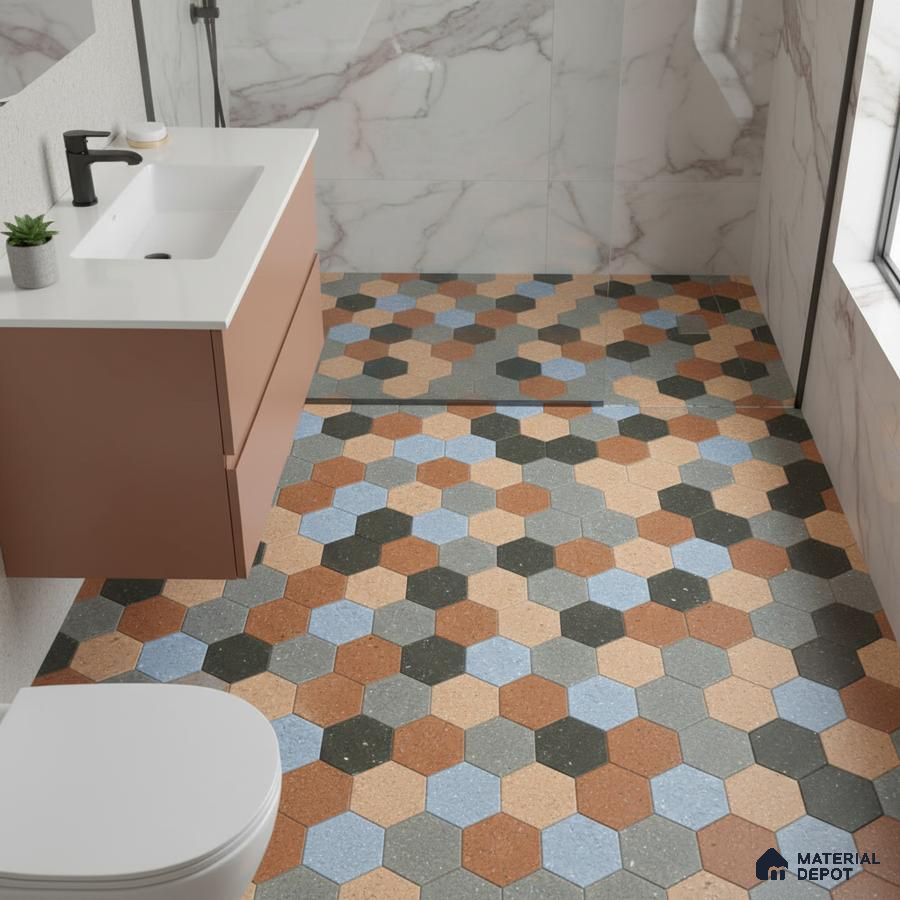 Modern bathroom with hexagonal multicolor terrazzo floor tiles and marble-look wall tiles
