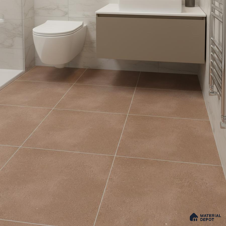 Modern bathroom with brown rustic floor tiles and marble-look wall tiles