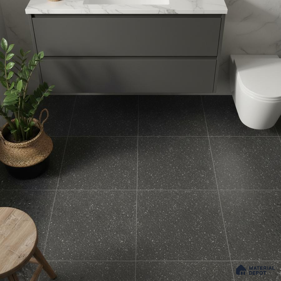 Modern bathroom with matte black terrazzo floor tiles and marble-look countertop