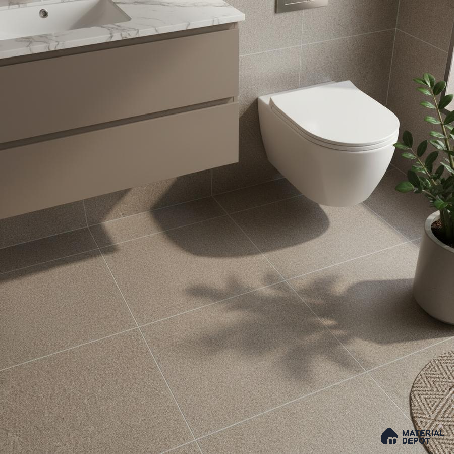 Minimalist bathroom with beige matte floor and wall tiles, taupe floating vanity, and marble-look countertop