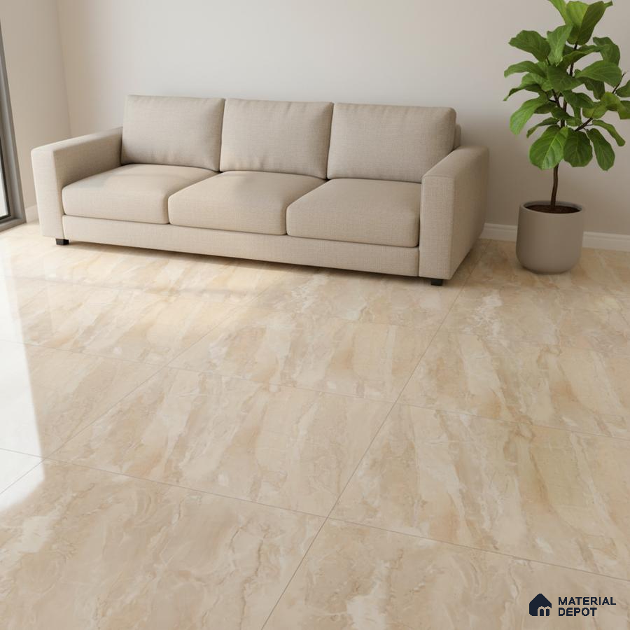 Minimalist living room with beige marble-look floor tiles and neutral fabric sofa