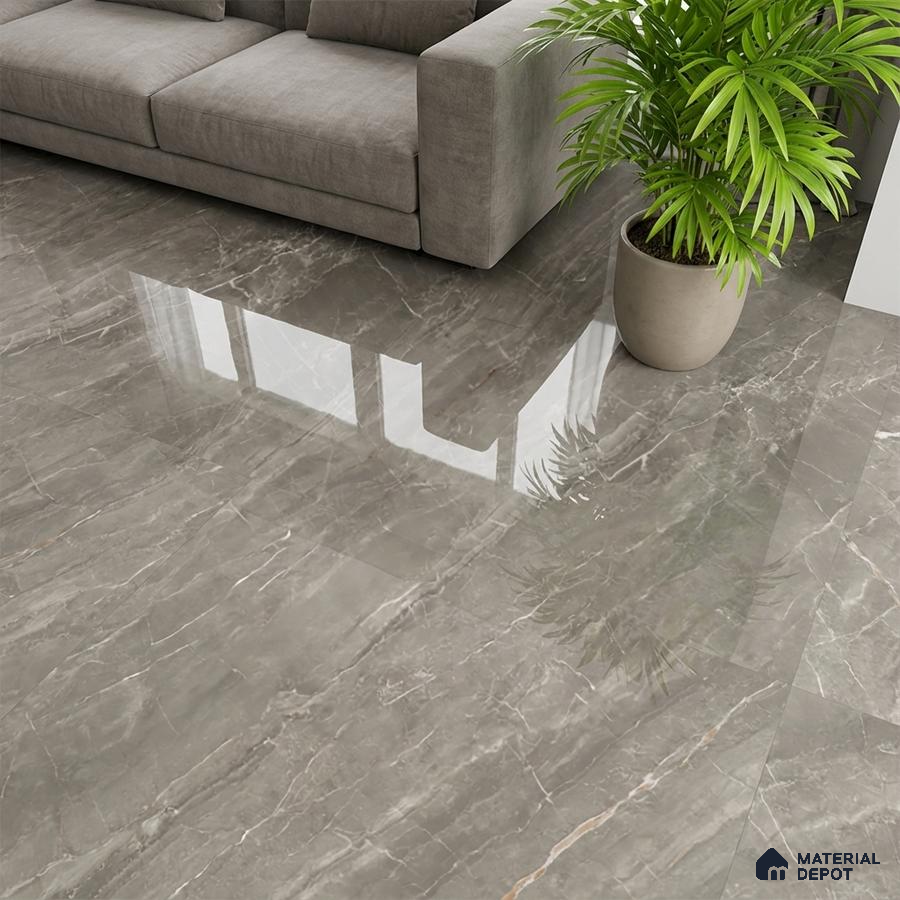 Modern living room with grey marble-look polished floor tiles and neutral fabric sofa