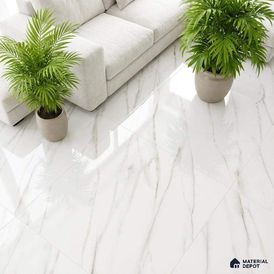 Modern living room with polished white marble-look floor tiles and neutral sofa