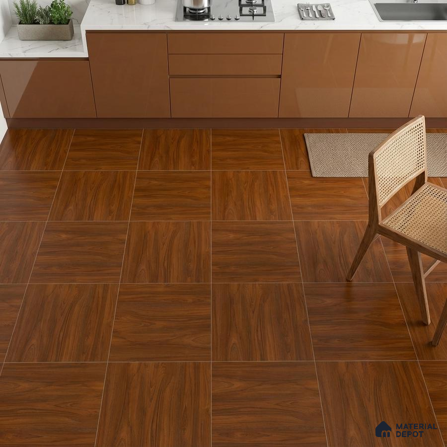 Modern kitchen with glossy brown laminate cabinets and walnut wood-look floor tiles