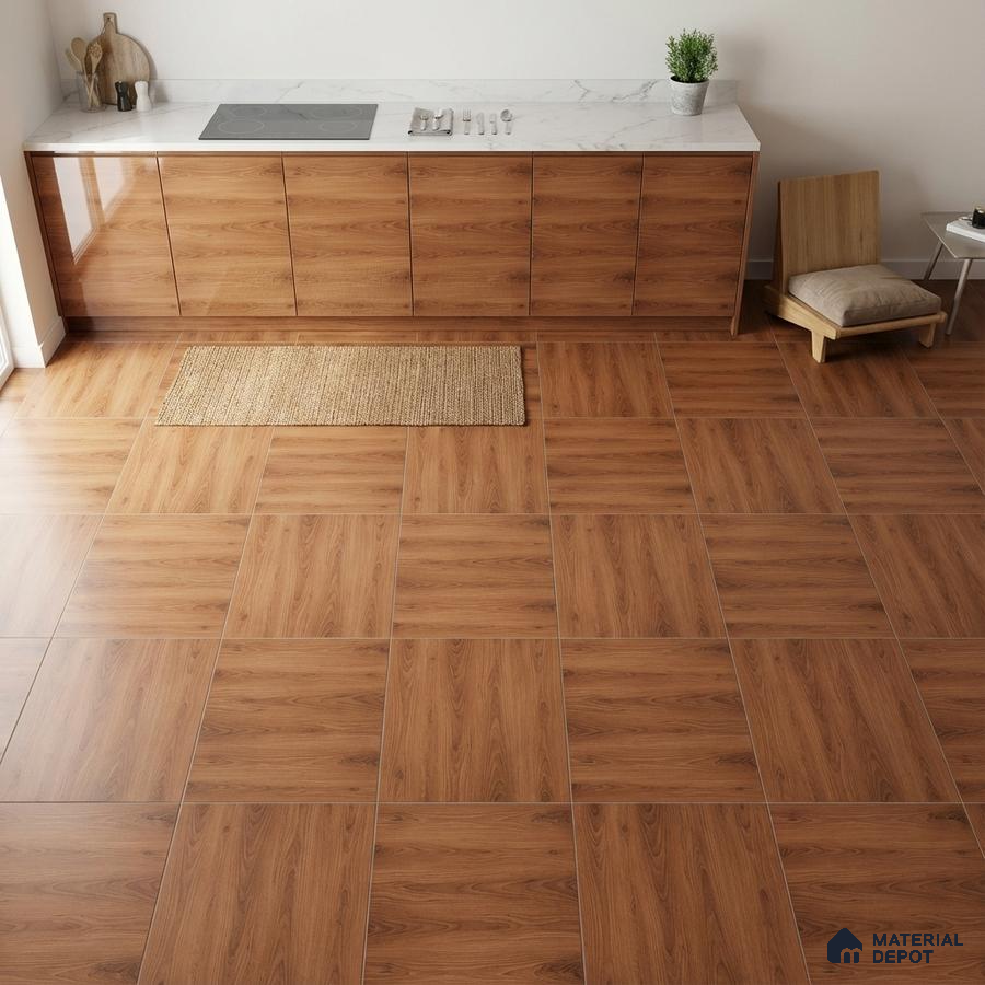 Minimalist kitchen with walnut wood laminate cabinets, white marble countertop, and wood-look floor tiles