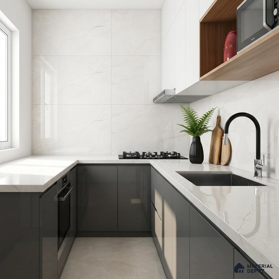 Modern U-shaped kitchen with glossy grey laminate, white marble-look quartz countertop, and marble wall tiles