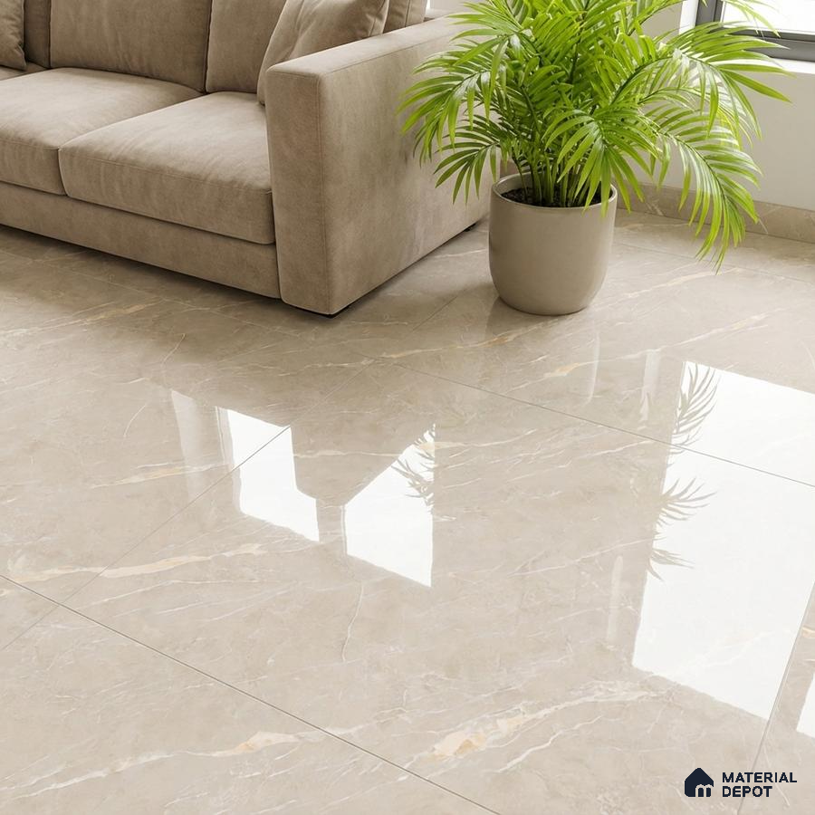 Modern living room with beige marble-look glossy floor tiles and suede upholstered sofa