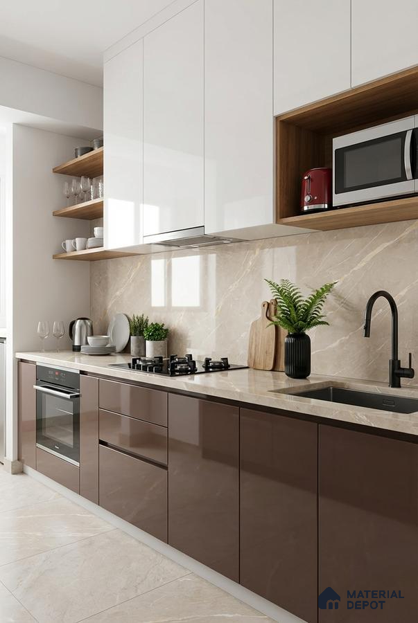 Modern kitchen with glossy brown laminate, frosty white laminate, and beige marble backsplash