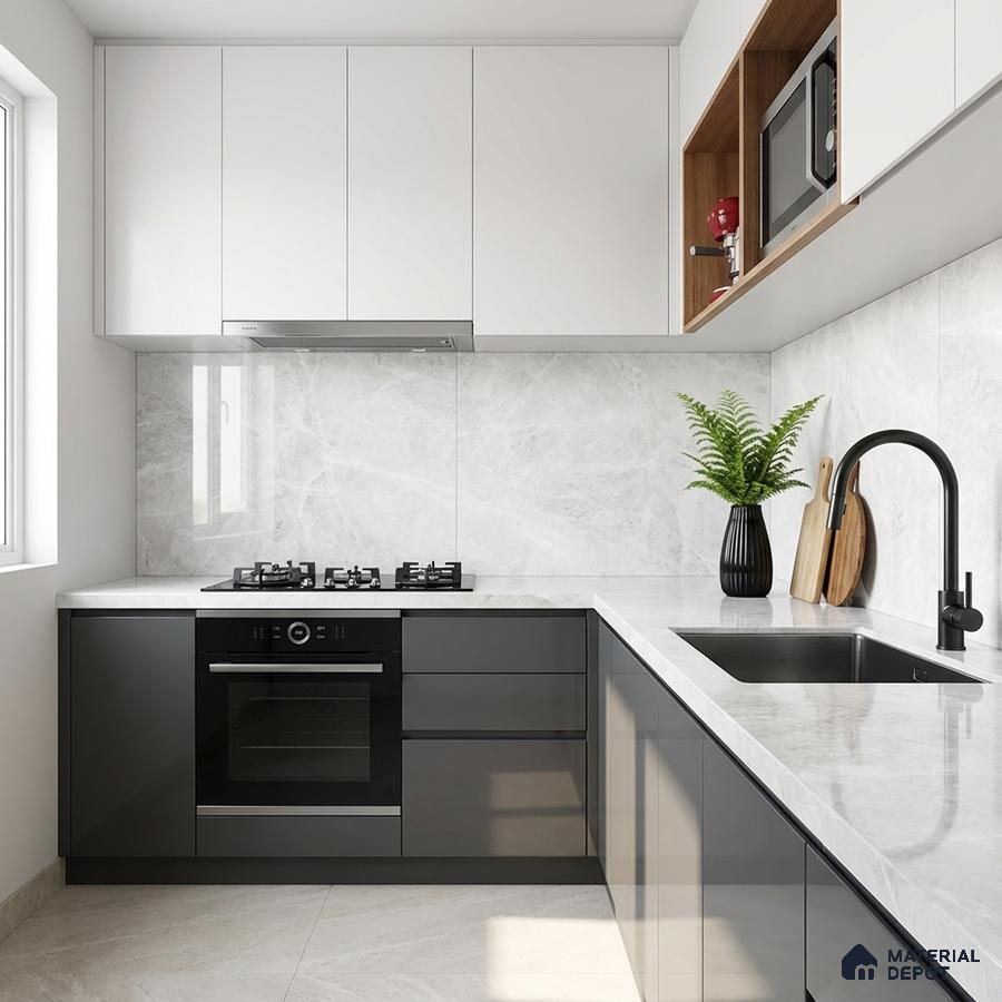 Modern kitchen with white marble-look backsplash, grey high gloss laminate cabinets, and white quartz countertop