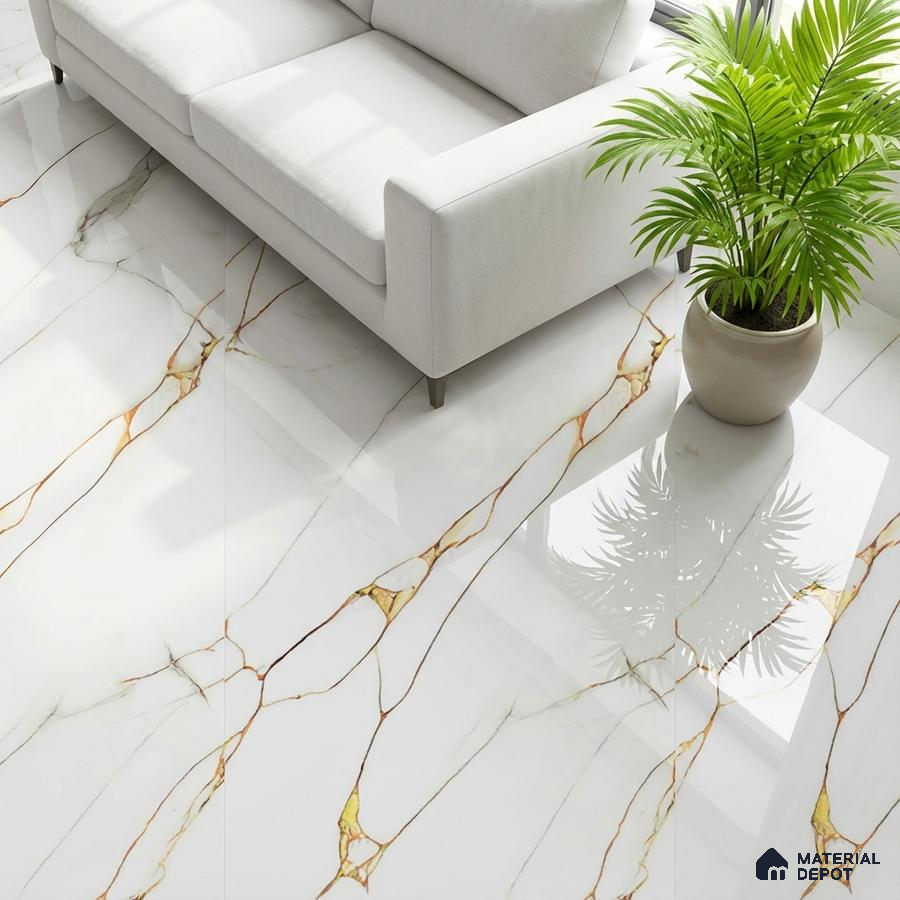 Modern living room with white marble-look floor tiles and gold veins