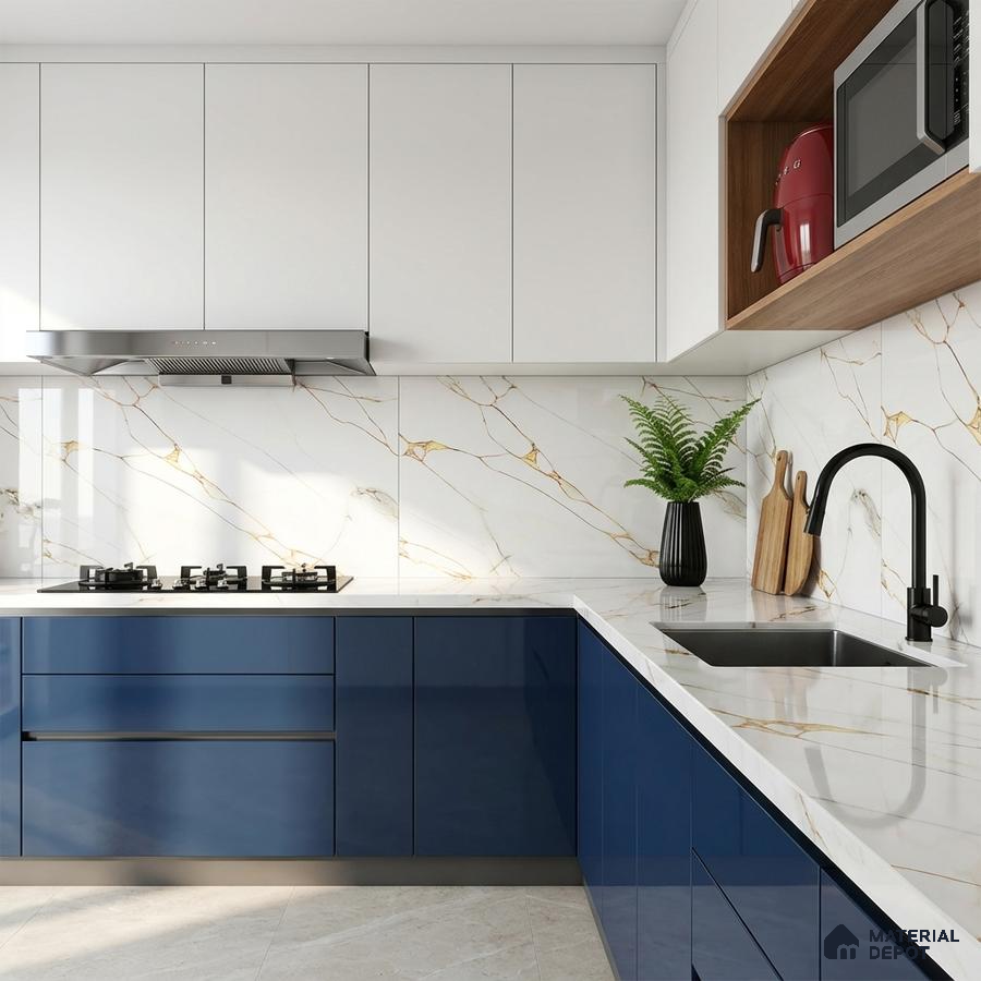 Modern dual tone kitchen with blue high gloss laminate, white solid laminate, and calacatta marble-look backsplash tile