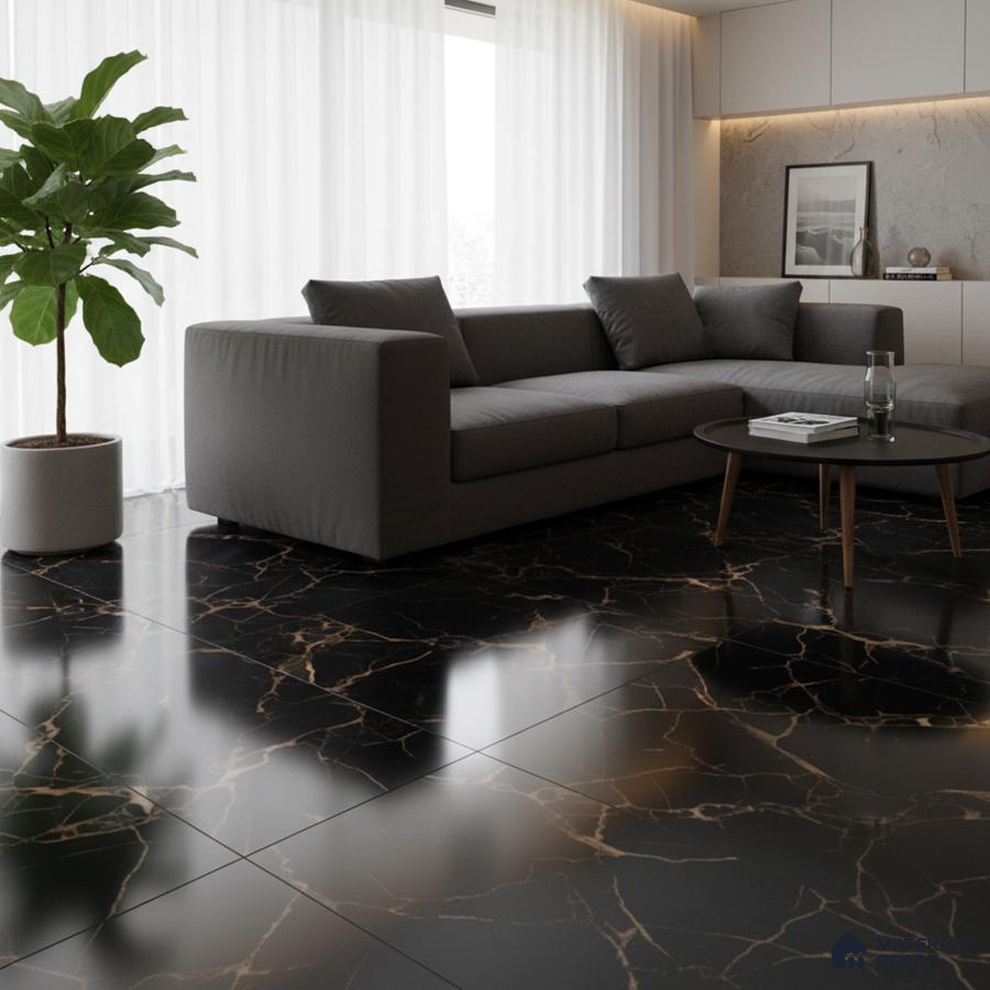 Modern living room with black marble floor tiles and grey sectional sofa