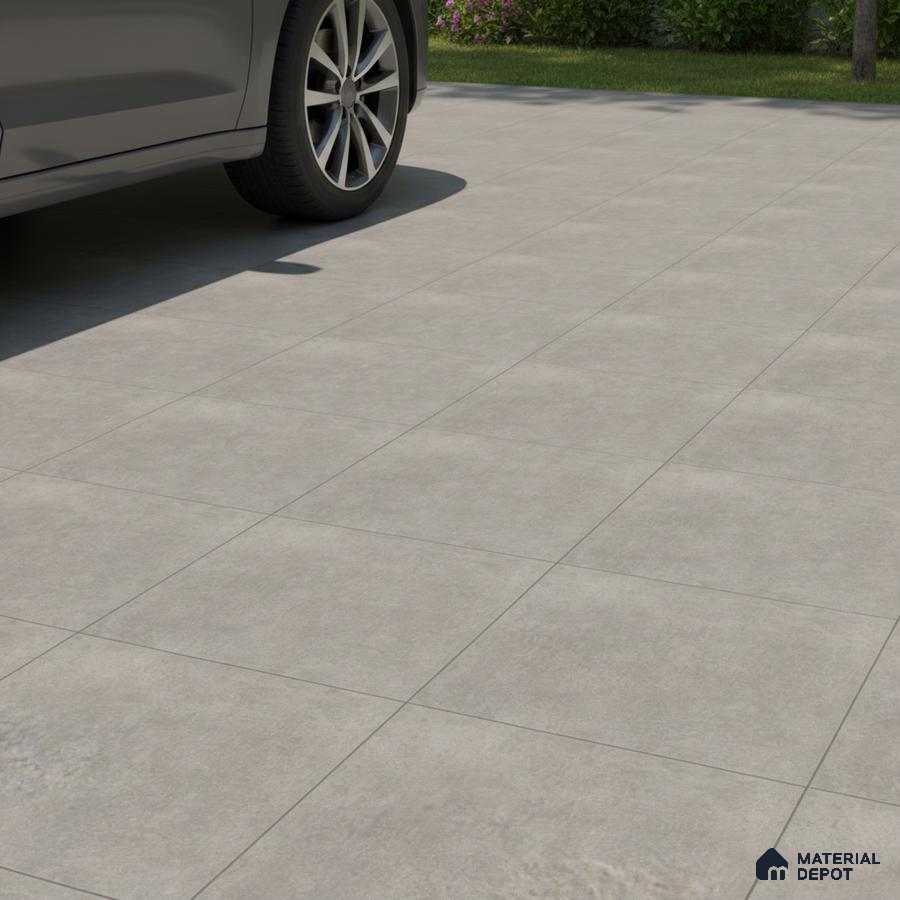 Modern parking area with light grey matte stone-look floor tiles