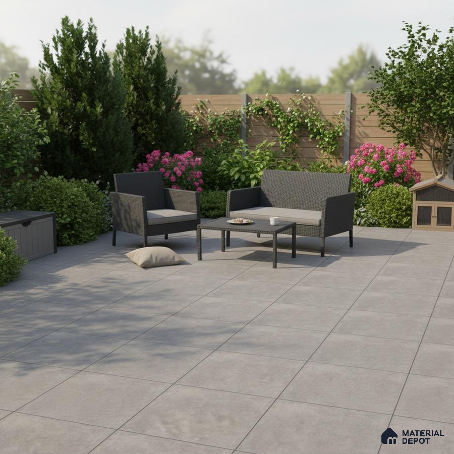Modern outdoor patio with grey stone-look floor tiles and rattan furniture