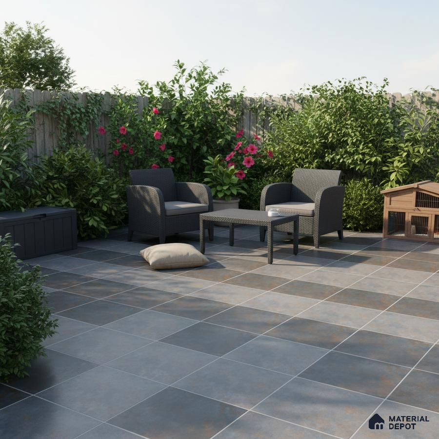 Modern outdoor patio with grey stone-look floor tiles and rattan furniture