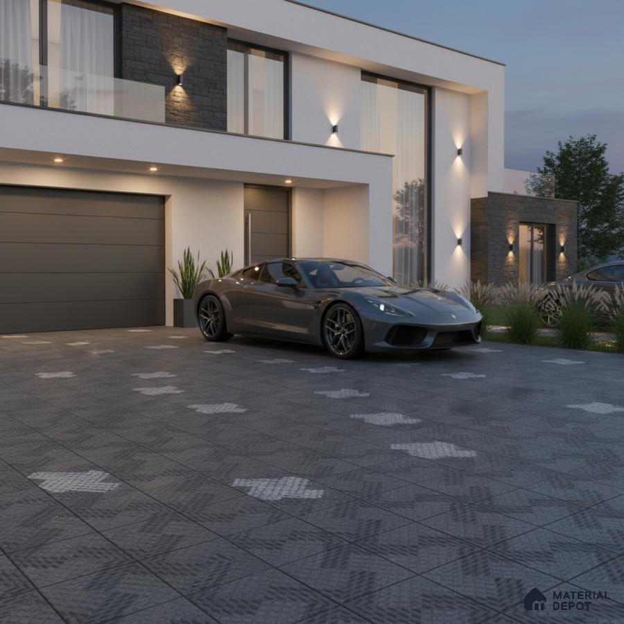 Modern parking with textured grey outdoor tiles and stone cladding accent walls