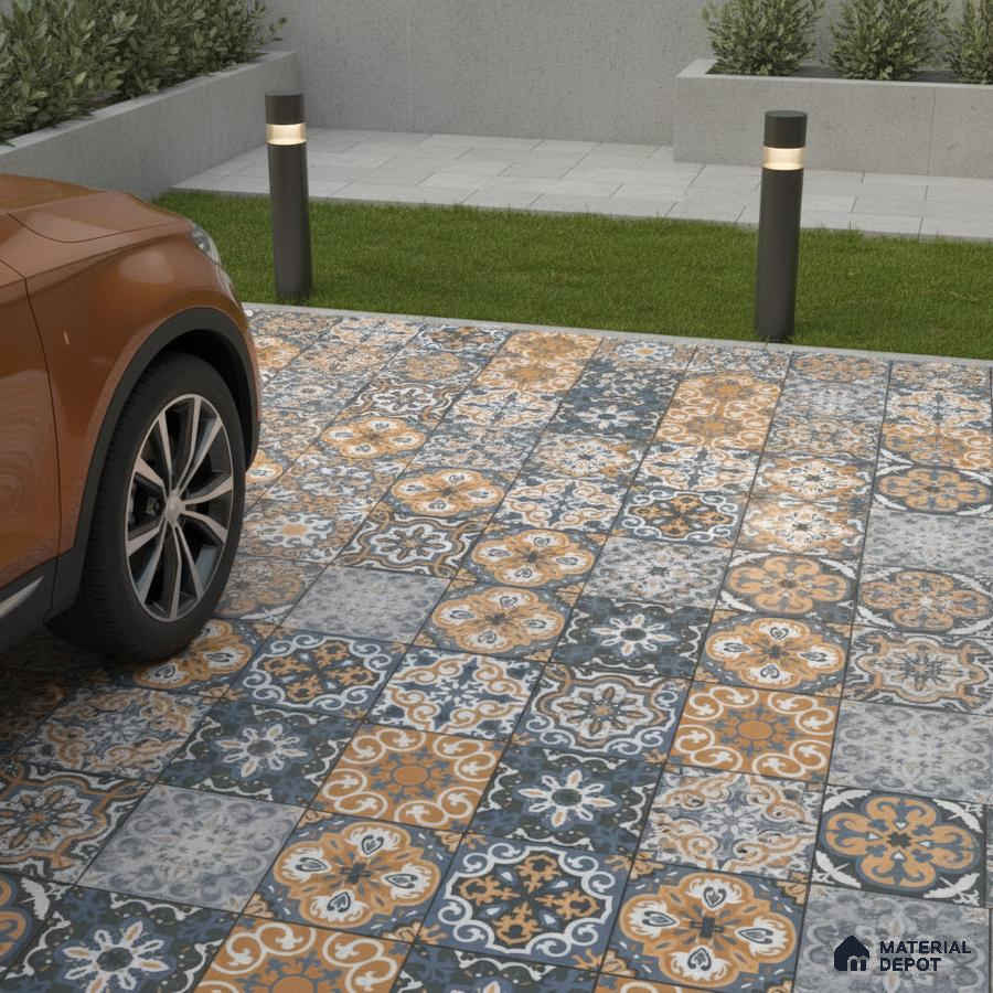 Mediterranean parking area with patterned terracotta and grey outdoor floor tiles