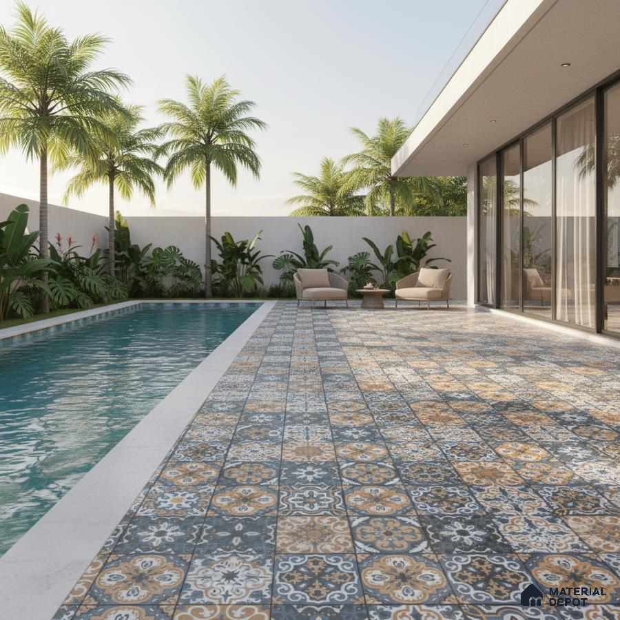 Mediterranean outdoor poolside with patterned moroccan floor tiles and tropical landscaping