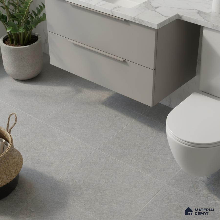 Modern bathroom with grey stone floor tiles and marble-look countertop vanity