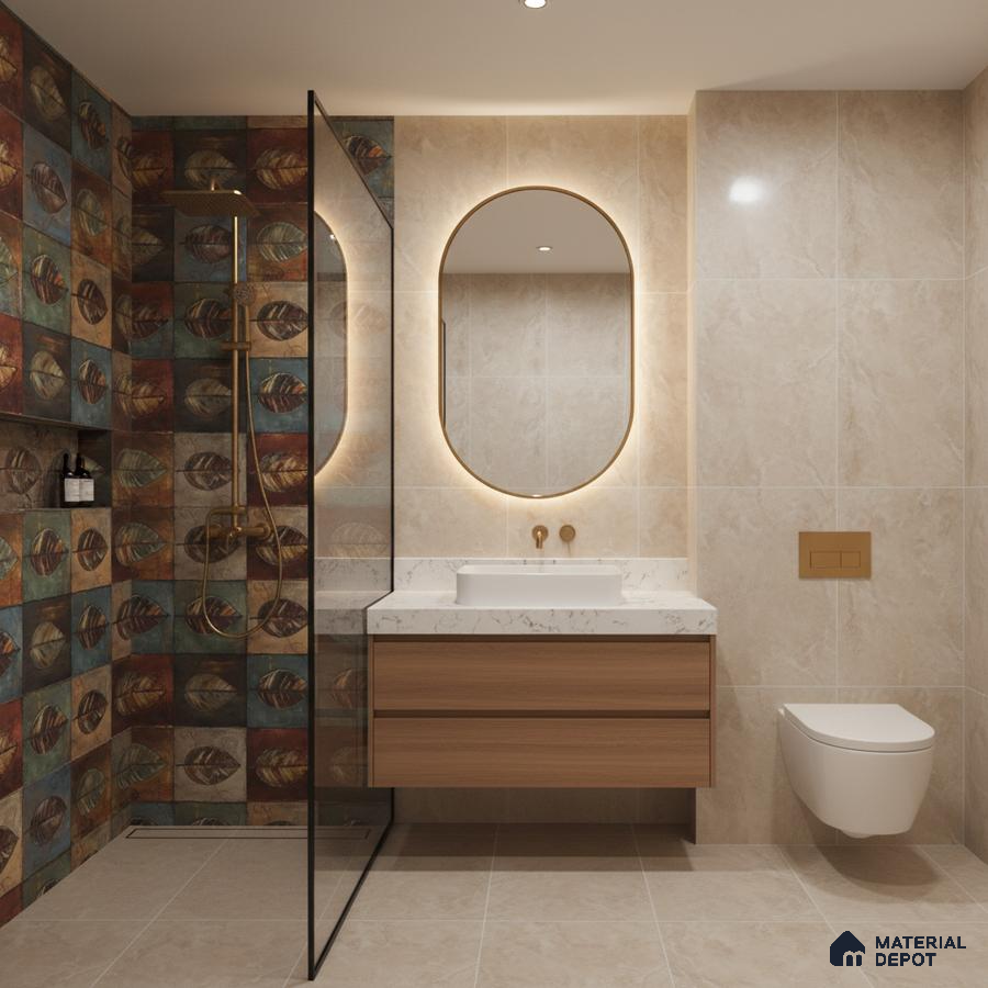 Modern bathroom with leaf patterned highlighter wall tiles, beige marble-look tiles, and wood vanity