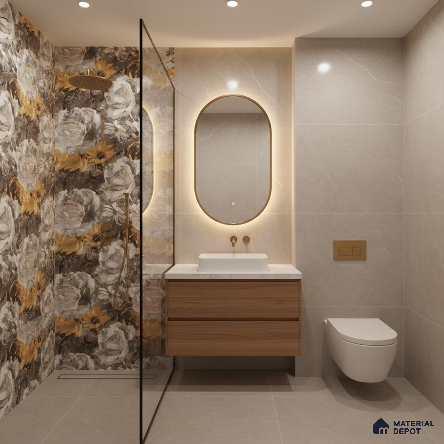 Modern bathroom with floral highlighter wall tile, beige marble-look wall tile, and wooden vanity