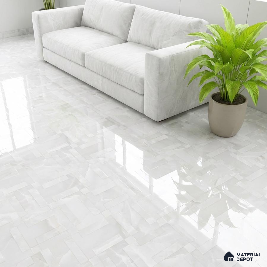 Minimalist living room with glossy white marble-look floor tiles and white fabric sofa