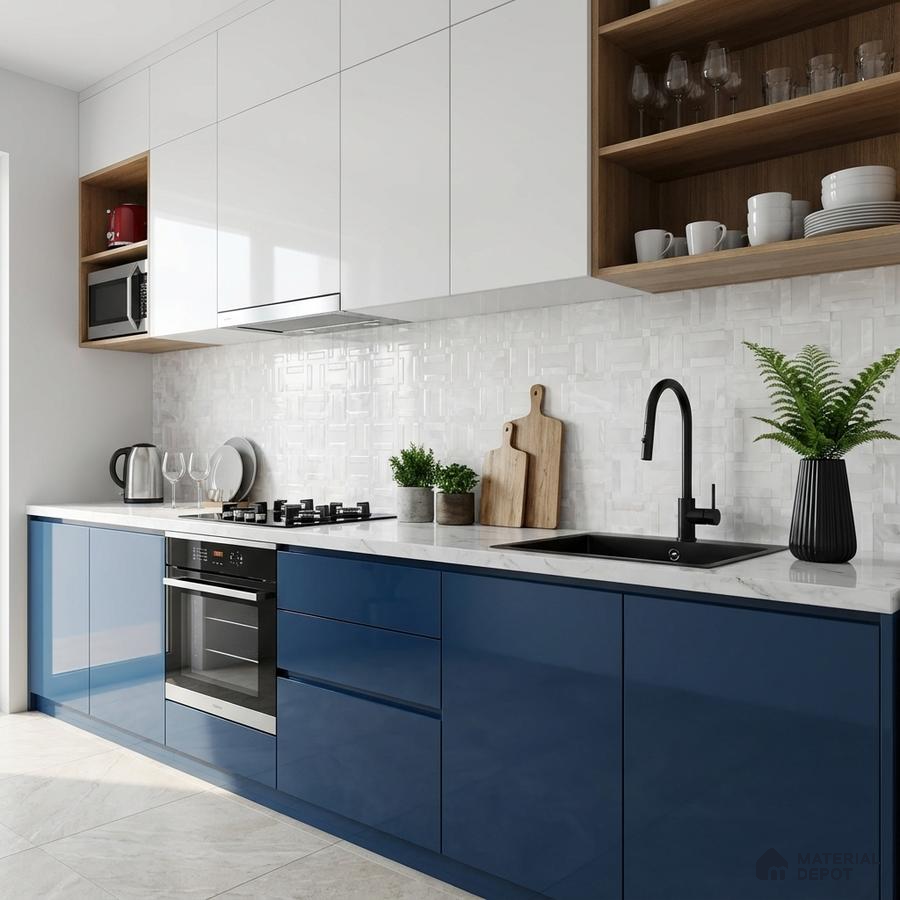 Modern kitchen with blue and white high gloss laminate, white quartz countertop, and geometric white backsplash tile