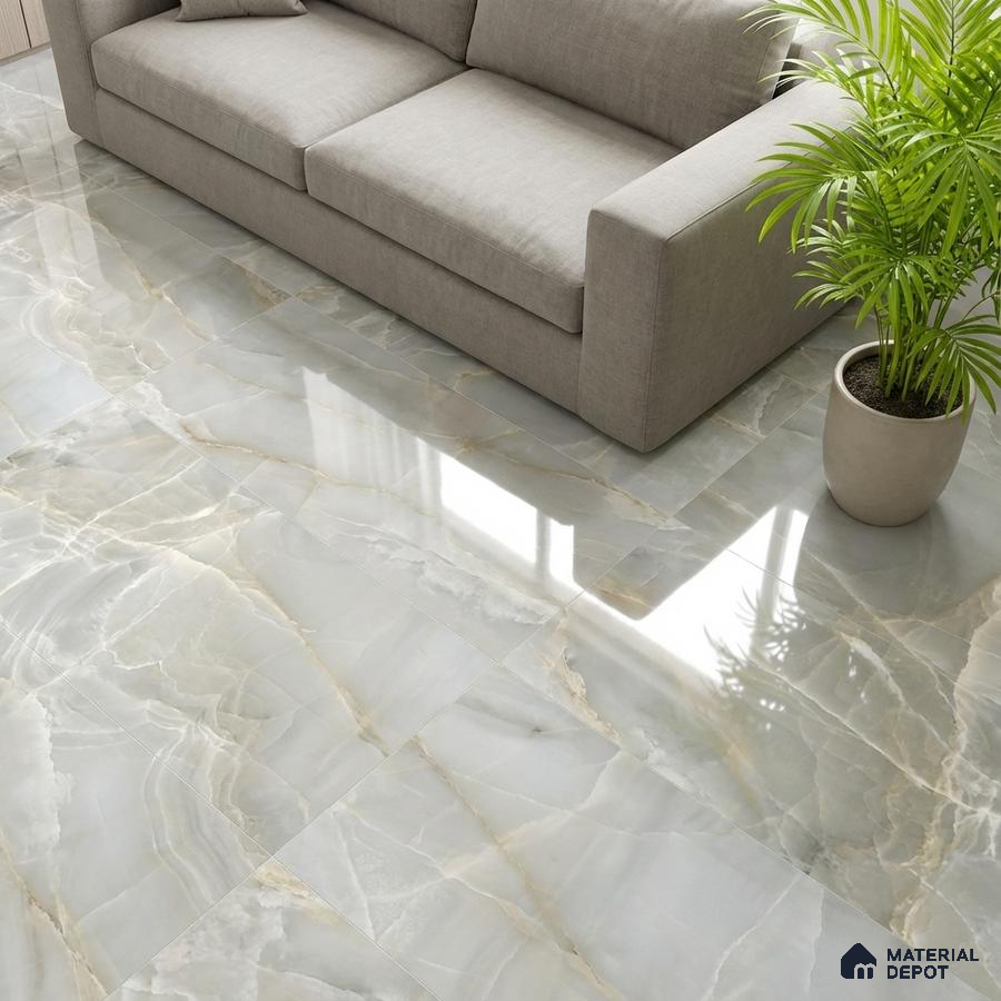 Modern living room with glossy white marble-look floor tiles and neutral sofa